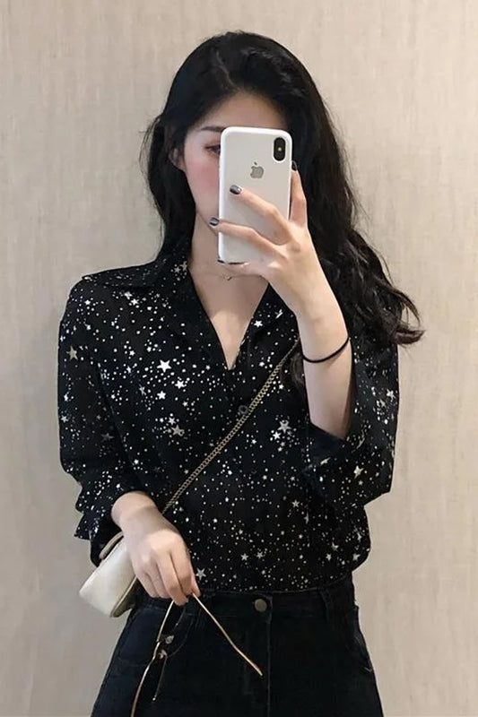 Long Sleeve Stars Printed Semi Transparent Blouse Shirt