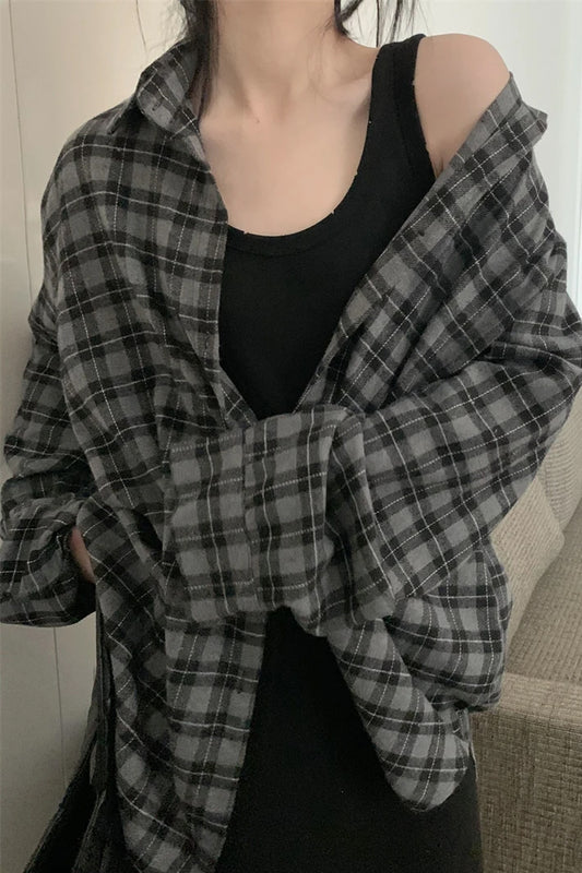 Long Sleeve Loose Button Up Plaid Shirts