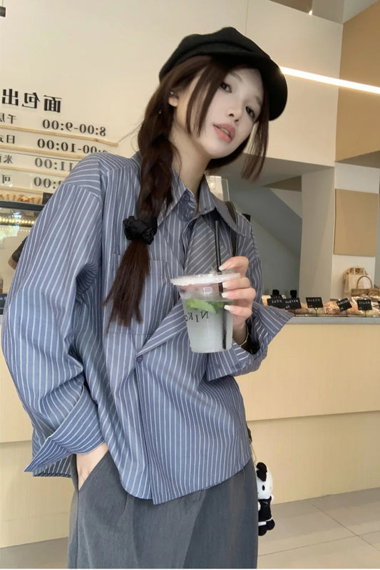 Long Sleeve Irregular Striped Casual Blouse Shirts