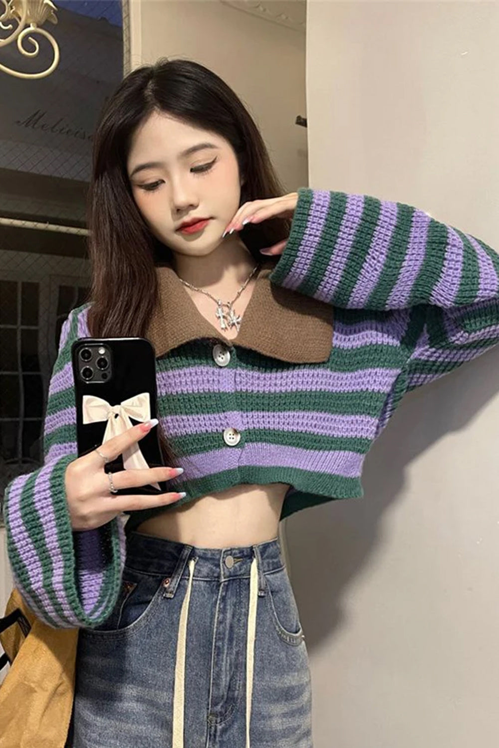 Striped Flare Sleeve Cropped Sweater