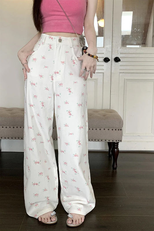 High Waist Little Floral White Jeans Pants