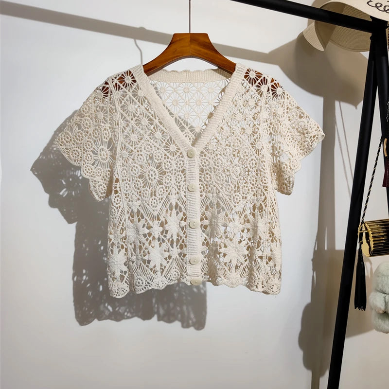 Sexy V-Neck Knitted Embroidered Lace Shirt