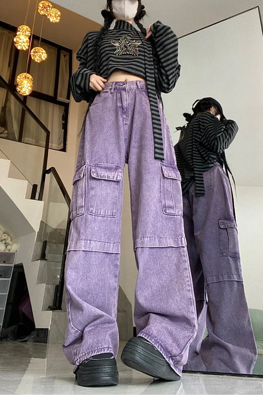 High Waist Cargo Pockets Purple Jeans Pants