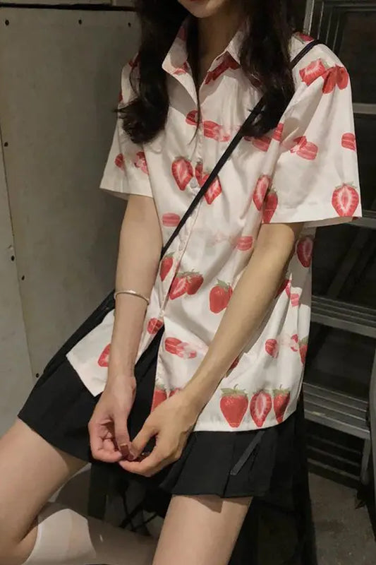 Short Sleeve Strawberry Printed Blouse Shirts