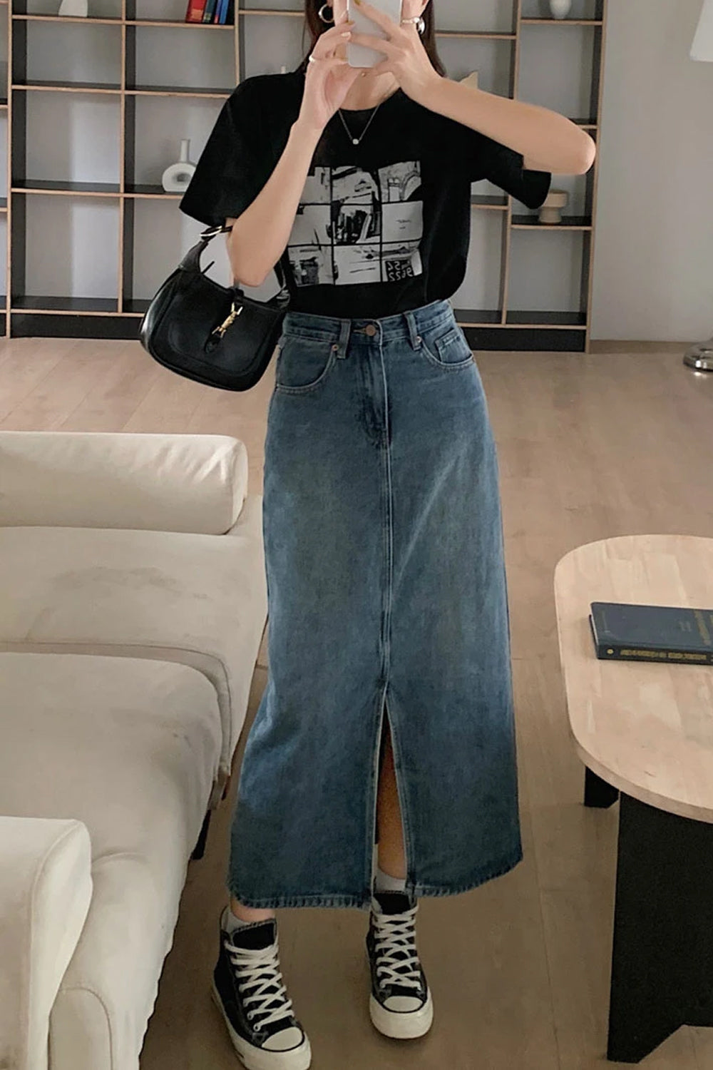 High Waist Retro Split A-Line Denim Skirts