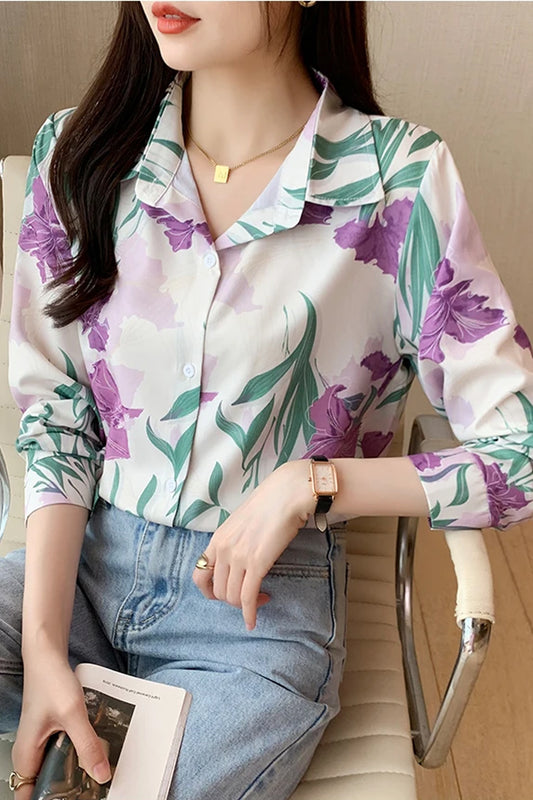 Long Sleeve Leaf Pattern Office Blouse Shirt