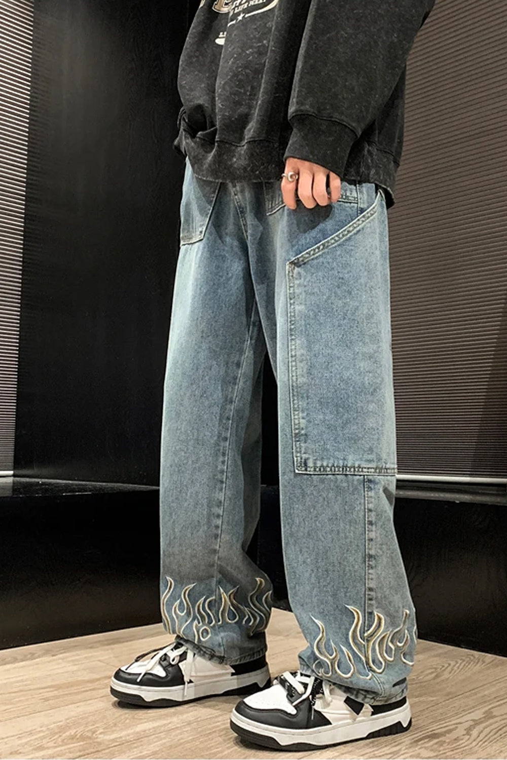 Flame Embroidered Hip Hop Men Jeans Pants