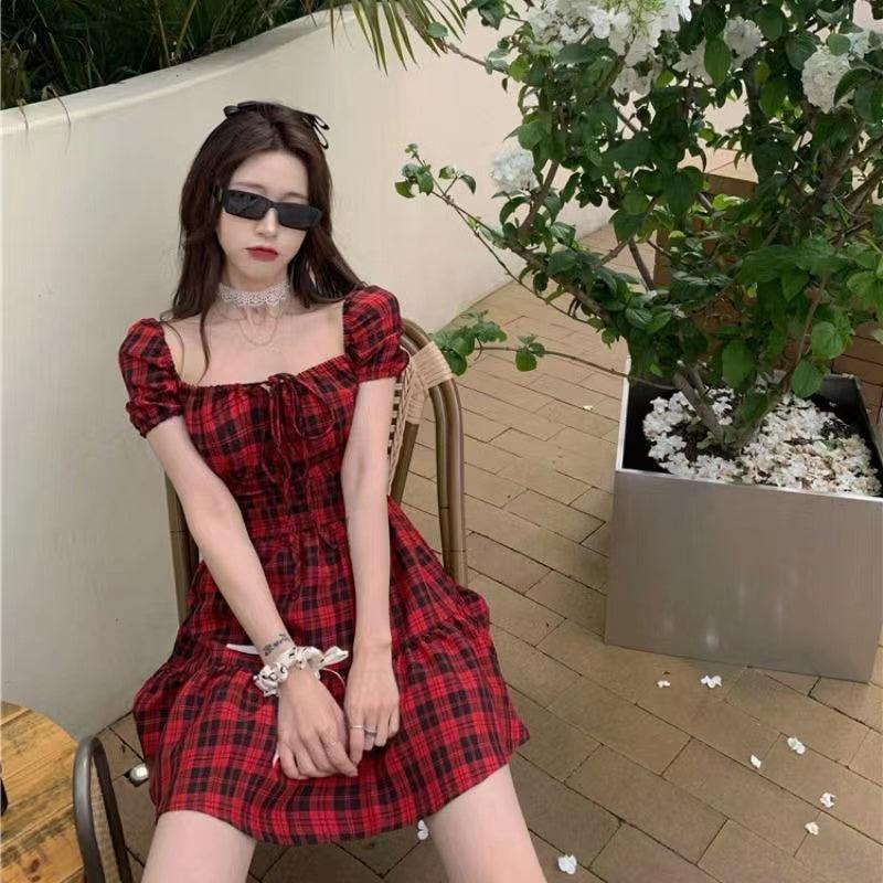 Puff Sleeve Cute Red Plaid Dress