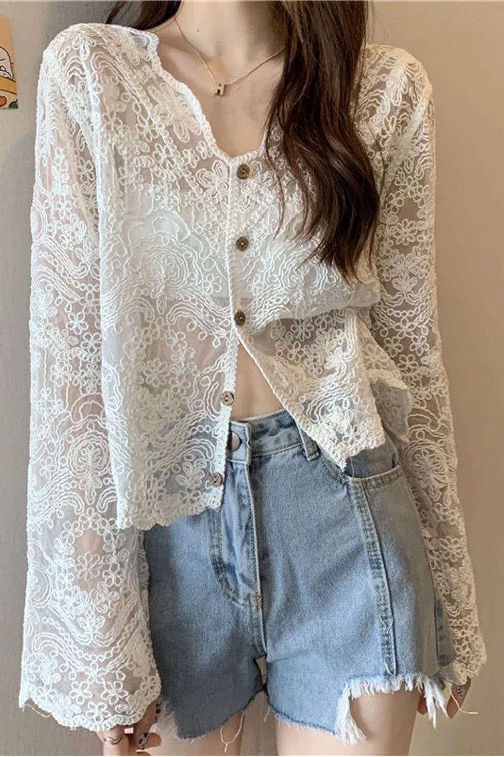 Long Sleeve Knitted Semi Transparent Embroidery Crochet Shirt