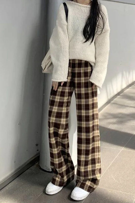 Loose Retro Coffee Plaid Long Pants