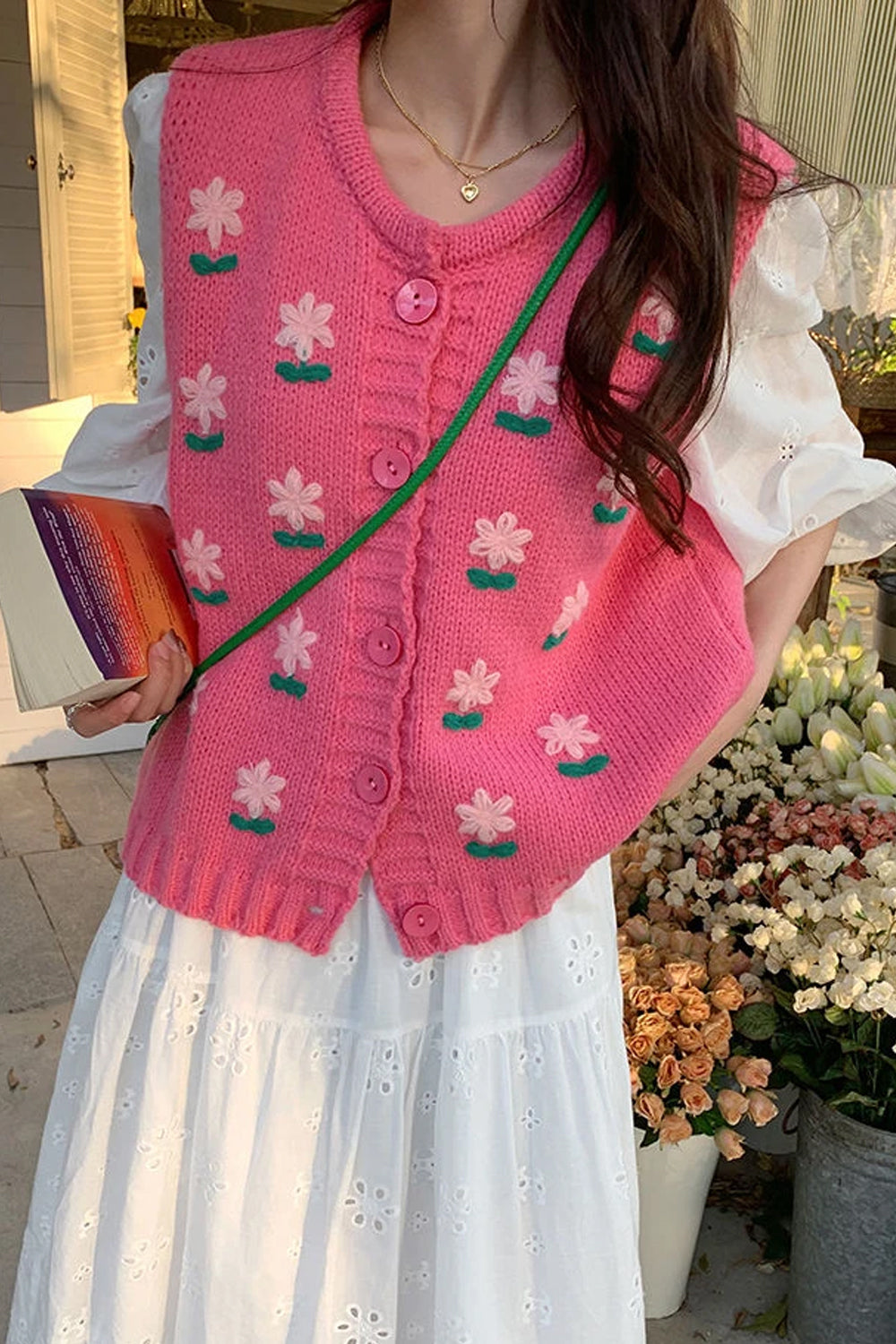 Cute Floral Pattern Pink Vest Sweater