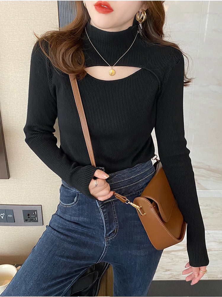 Long Sleeve Sexy Cut Out Mock Neck Knitted Sweater