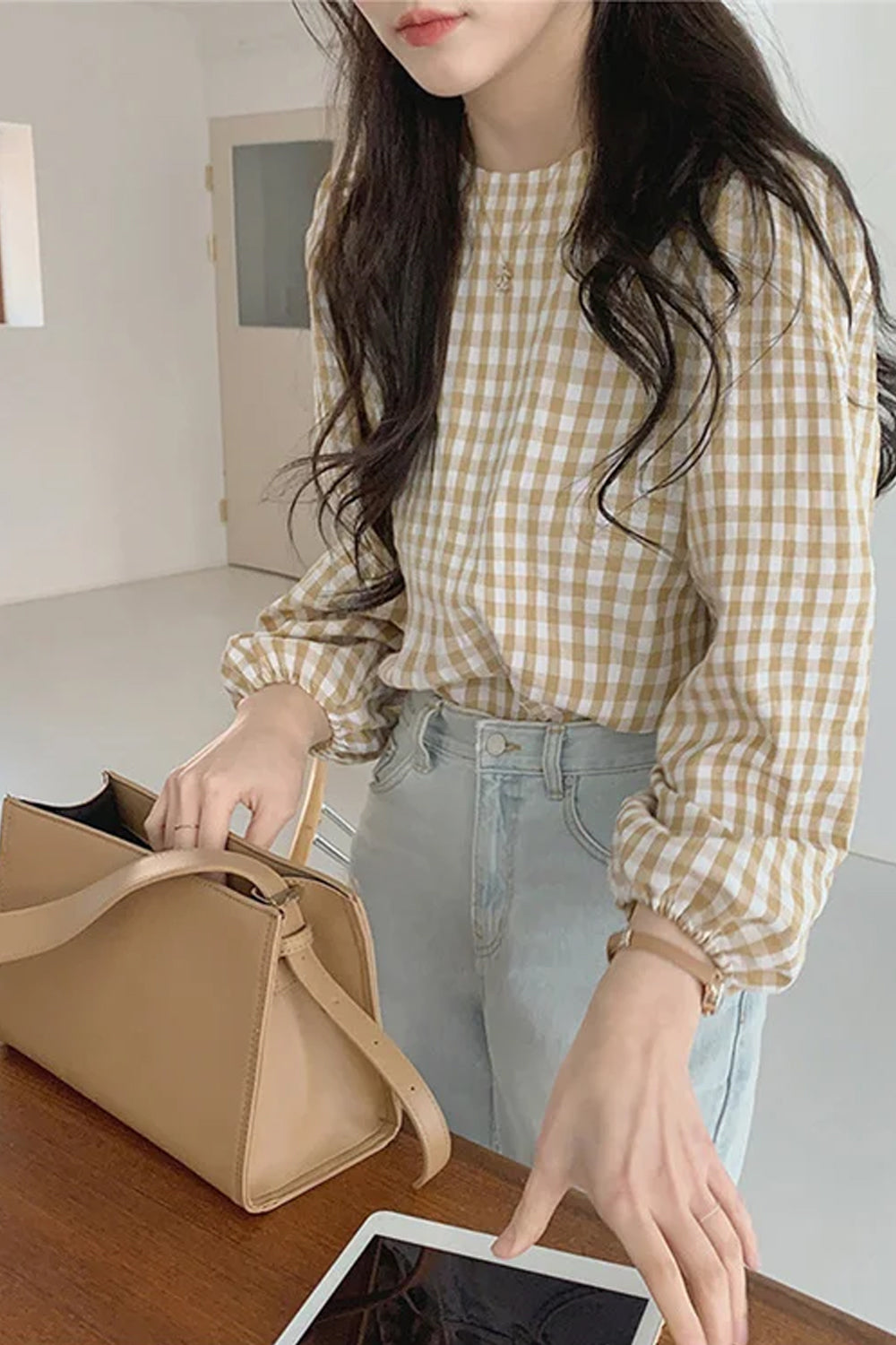 Retro Three Quarter Sleeve Plaid Blouse Shirts