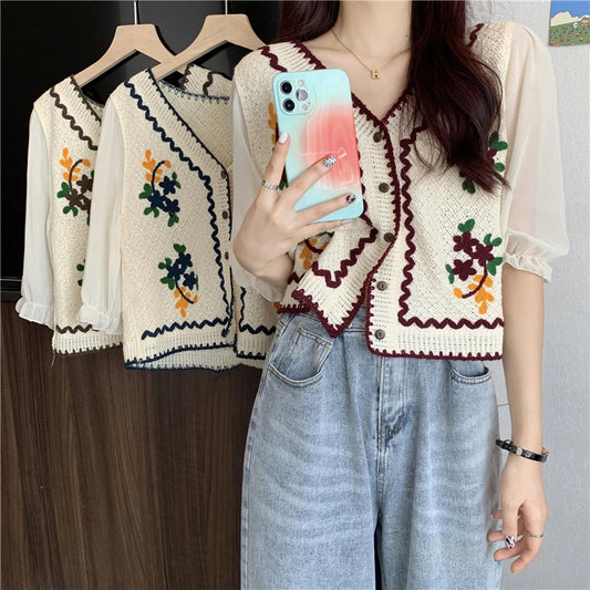 Flowers Embroidered Crochet Blouse Shirt