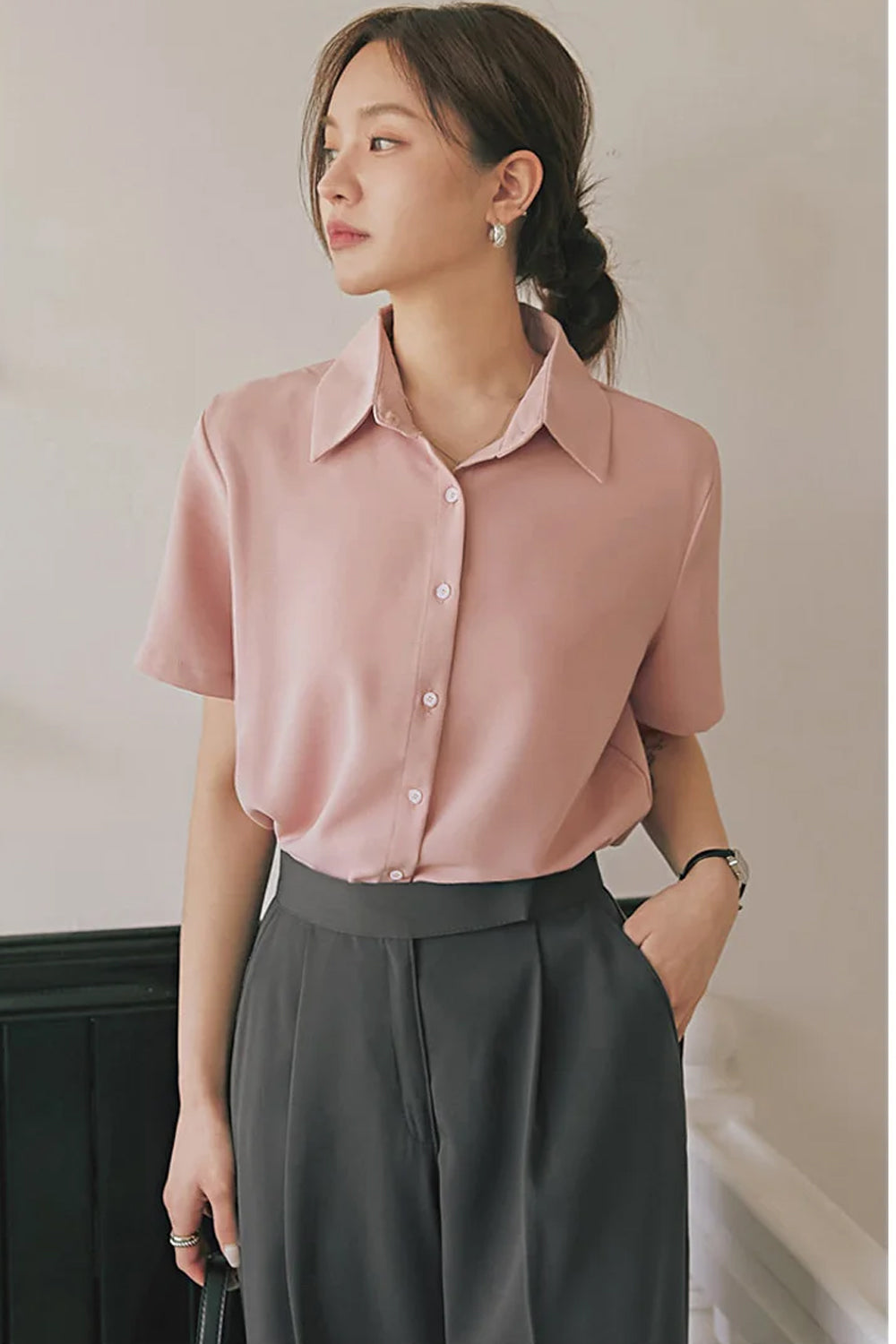 Short Sleeve Lapel Neck Office Blouse Shirts