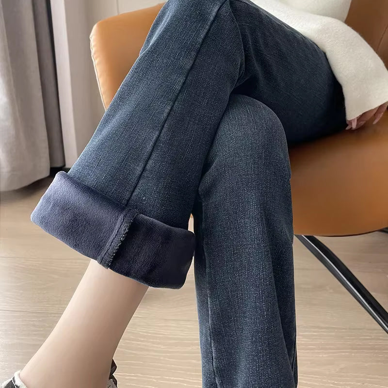 High Waist Warm Fleece Side Slim Flare Jeans Pants