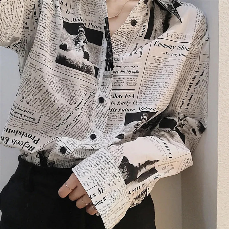 Long Sleeve Newspaper Pattern Casual Blouse Shirt