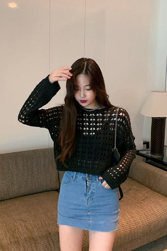 Long Sleeve Sexy Hollow Cropped Sweater