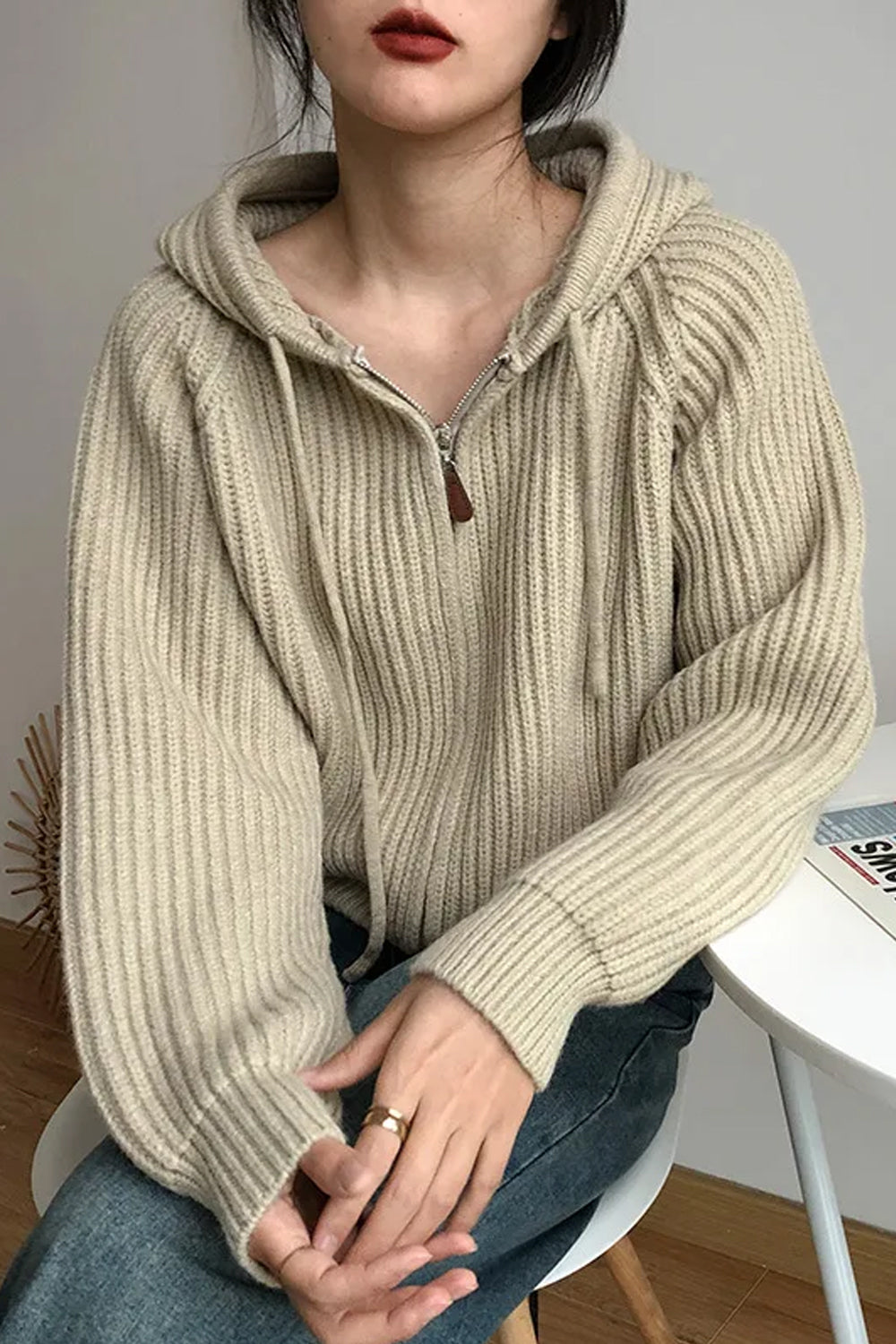 Long Sleeve Hooded Zip Up Knitted Sweater