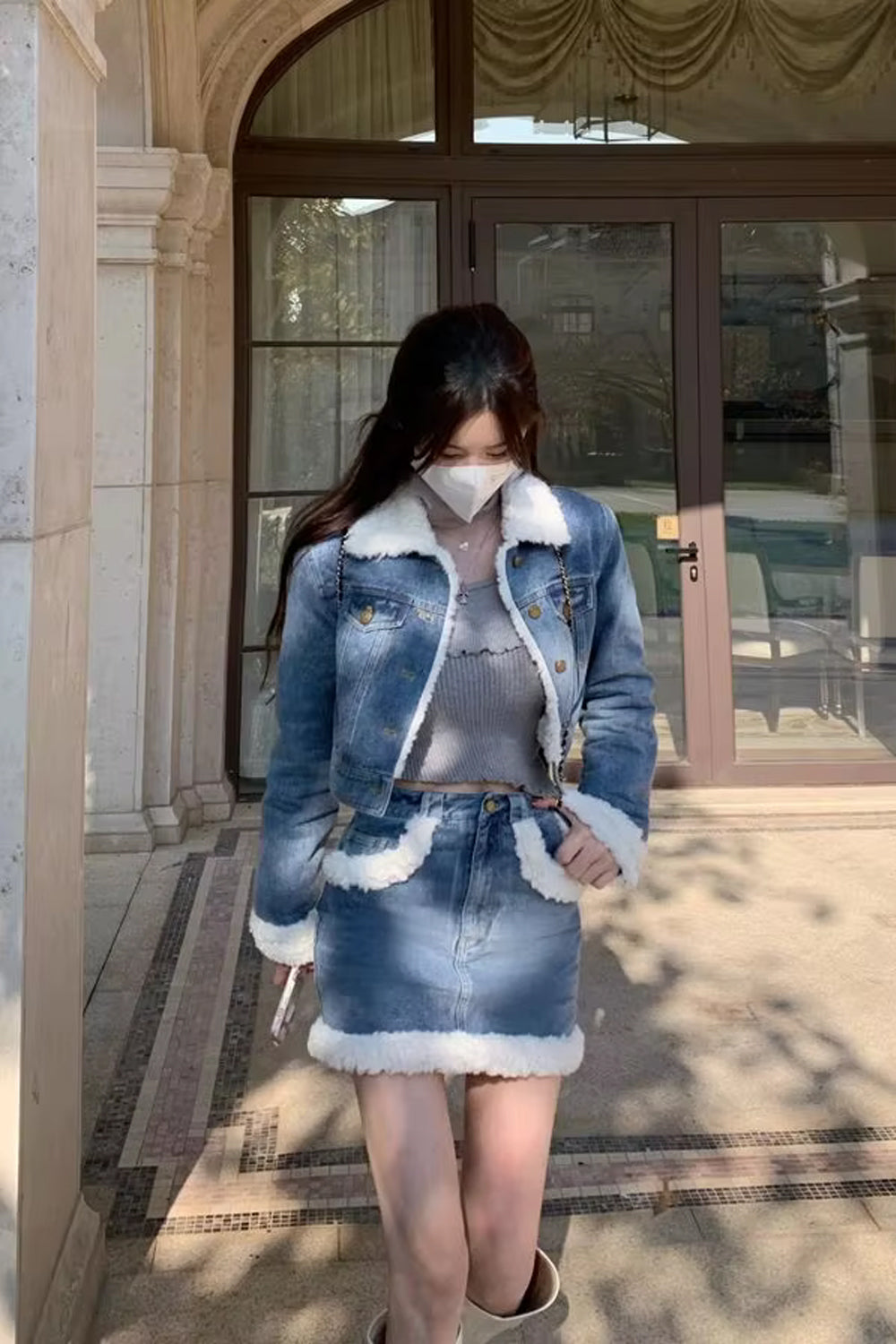 Two Piece Crop Denim Jacket With Mini Denim Skirt Outfit Set