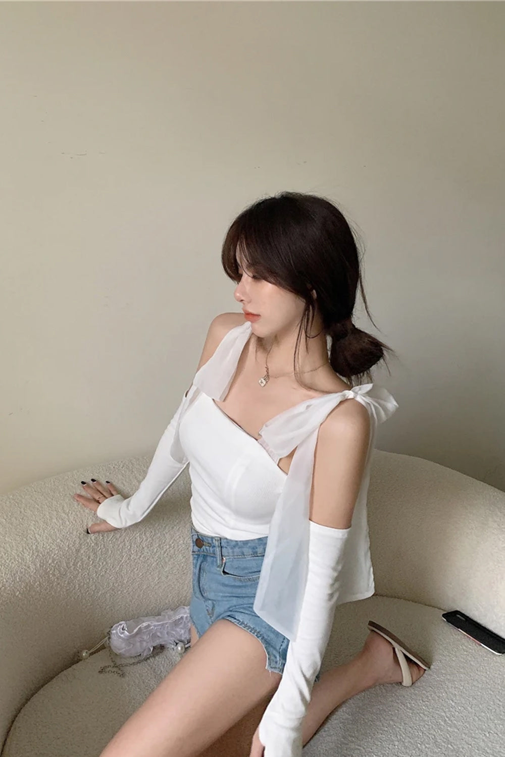 Detachable Sleeve Bow Knitted Cropped Tops