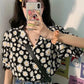 Short Sleeve Notched Daisy Pattern Blouse Shirts