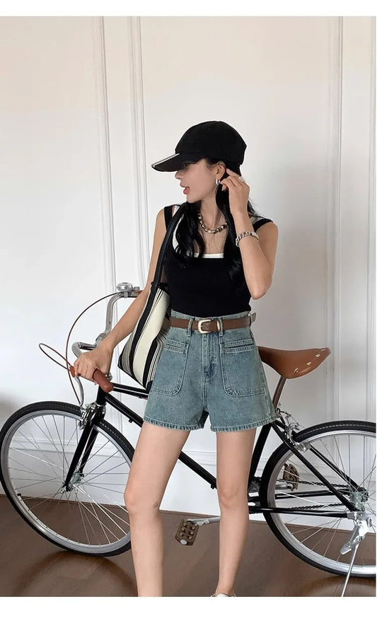 High Waist Double Pockets A-Line Denim Shorts