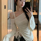 Long Sleeve Off Shoulder Lace Drawstring Shirt