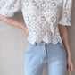 Puff Sleeve Hollow Out Lace Cropped Shirt