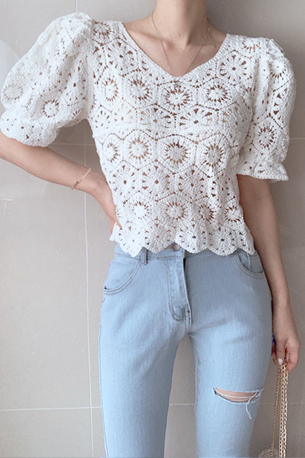 Puff Sleeve Hollow Out Lace Cropped Shirt