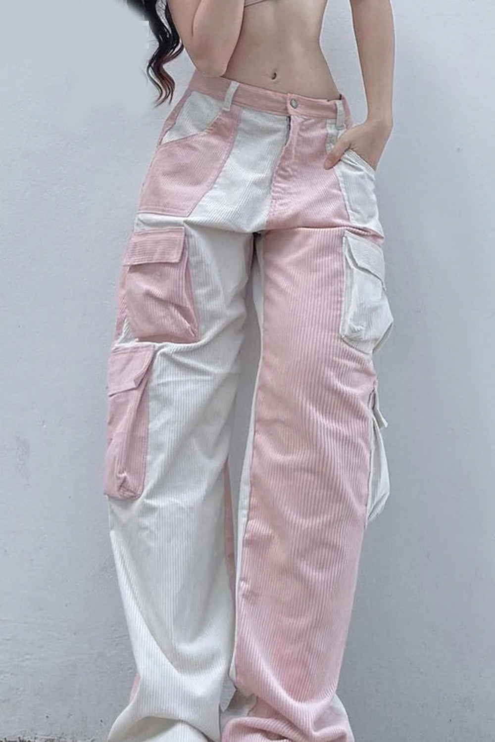 Two Colors Patchwork Corduroy Long Pants