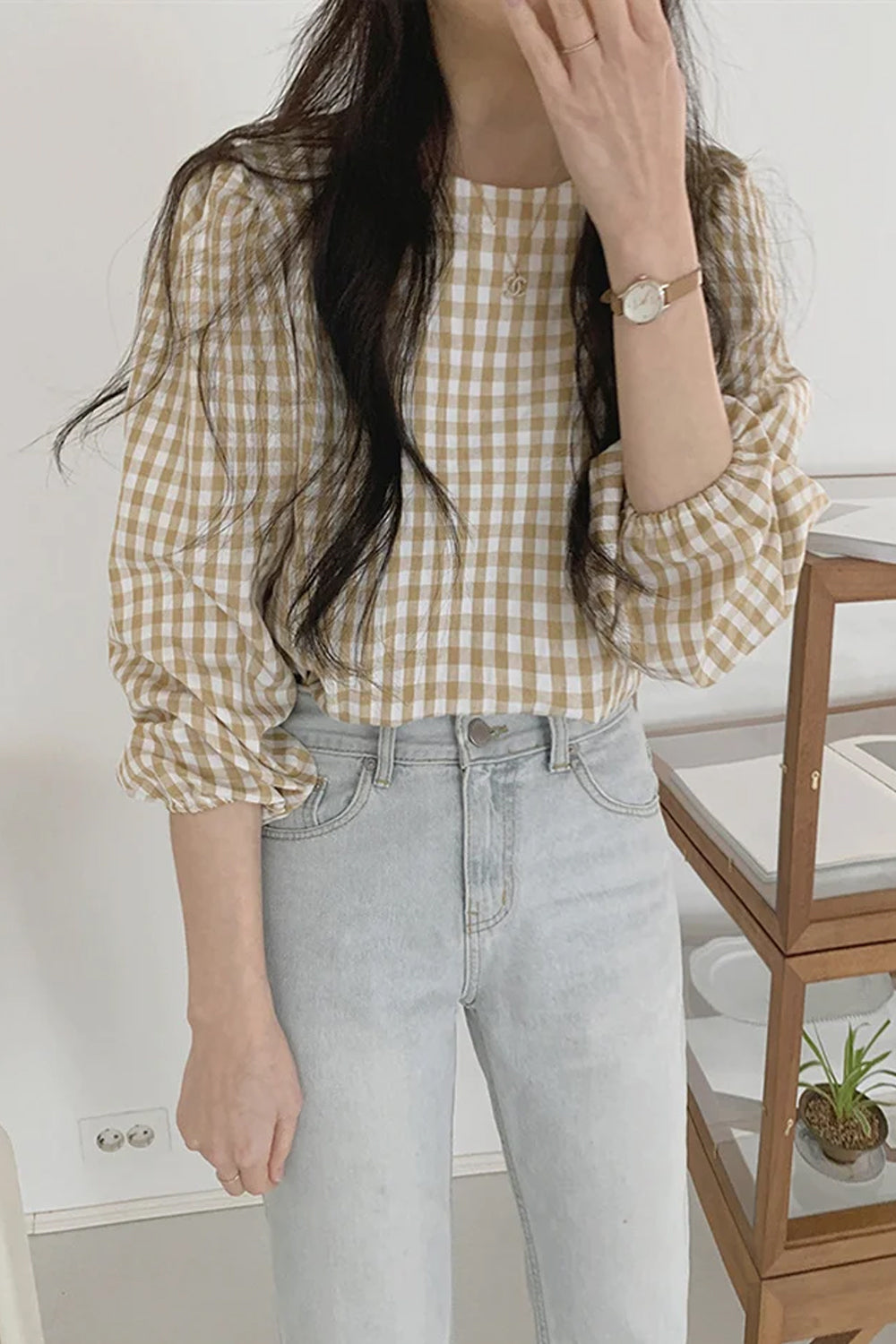 Retro Three Quarter Sleeve Plaid Blouse Shirts