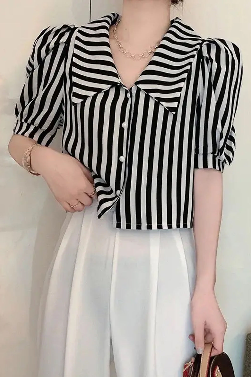 Puff Sleeve Cute Bow Collar Striped Office Blouse Shirts