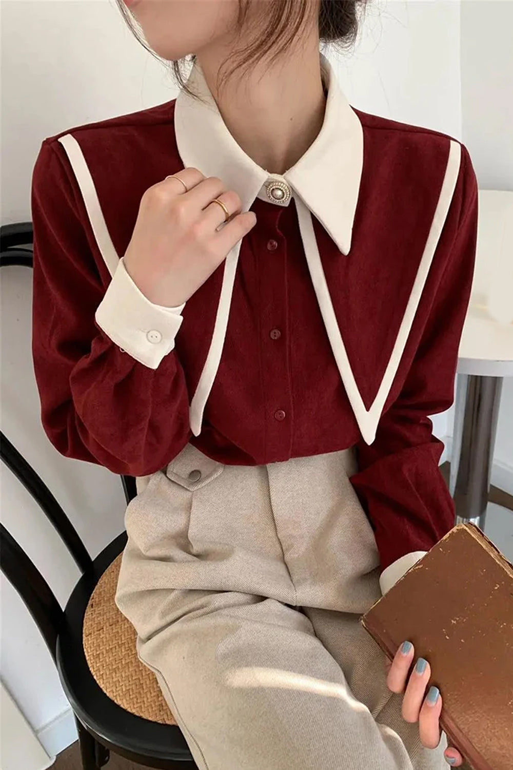 Long Sleeve Vintage Turn Down Collar Office Blouse Shirts