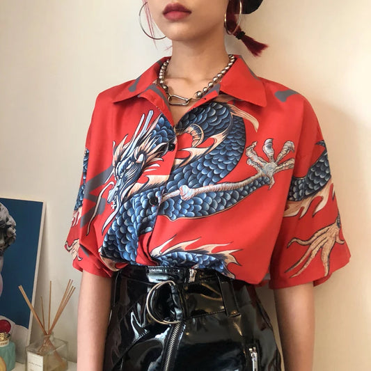 Short Sleeve Dragon Pattern Blouse Shirt