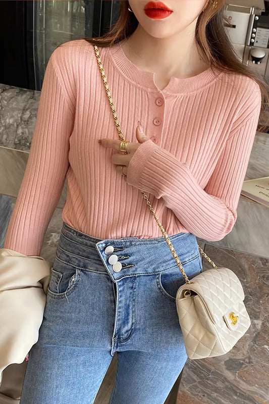 Long Sleeve Button Up O-Neck Knitted Sweater