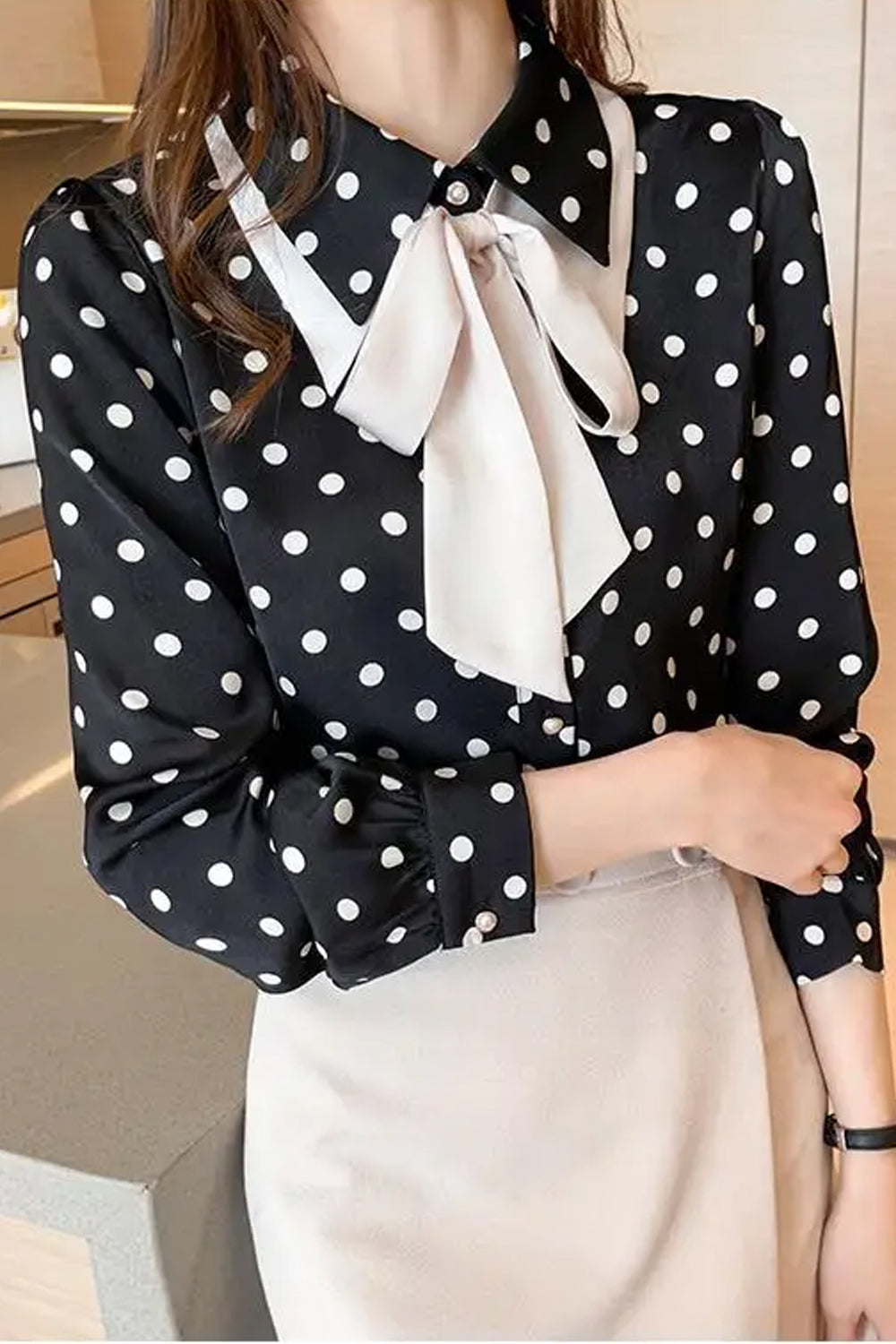 Long Sleeve Bow Style Polka Dot Pattern Blouse Shirt