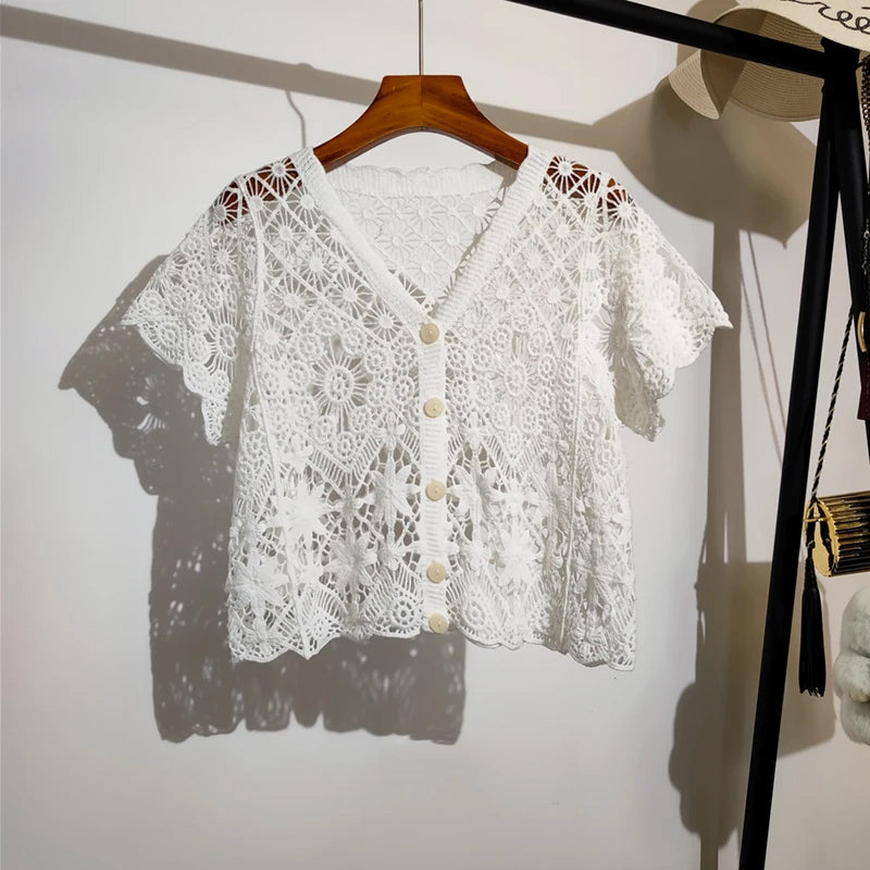 Sexy V-Neck Knitted Embroidered Lace Shirt