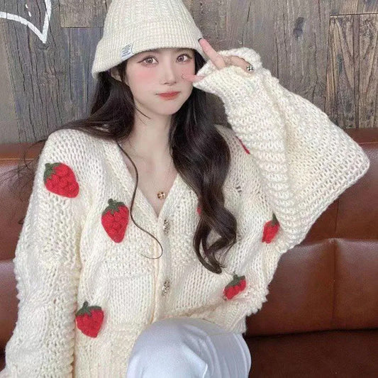 Strawberry Embroidered Knitted Cardigan Sweater