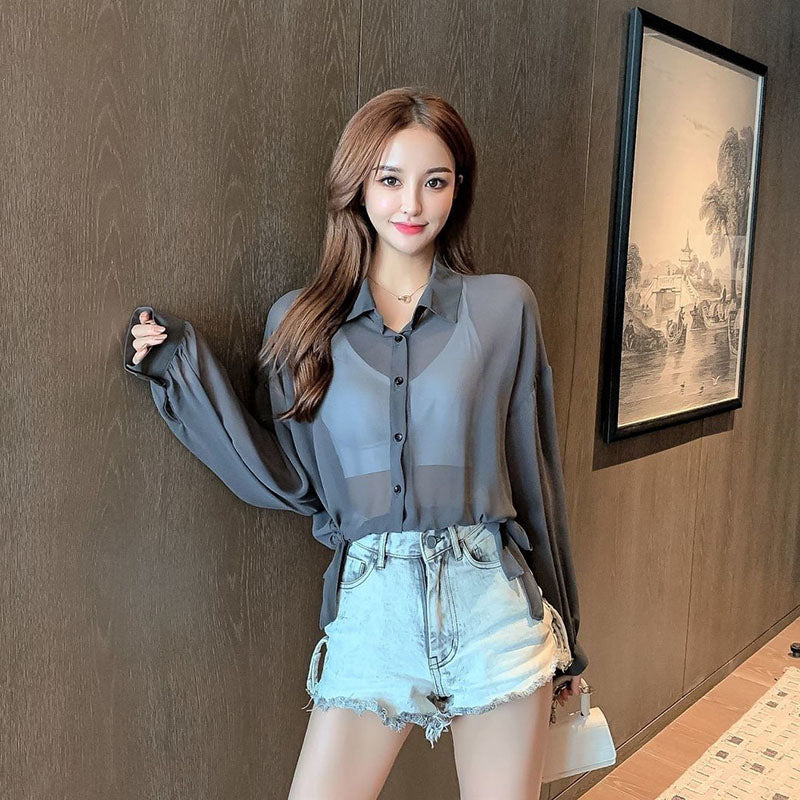 Casual Rope Waist Strap Transparent Shirts