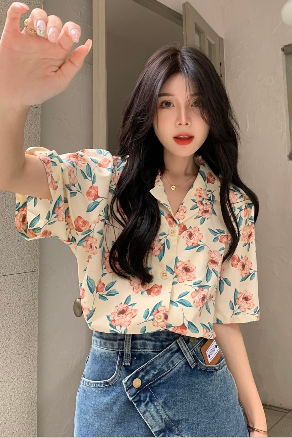 Short Sleeve Notched Style Floral Blouse Shirts