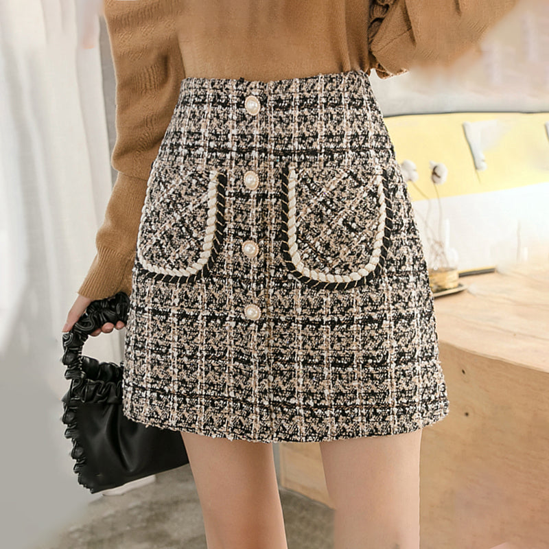 High Waist Elegant Pearls Button Mini Pencil Skirts