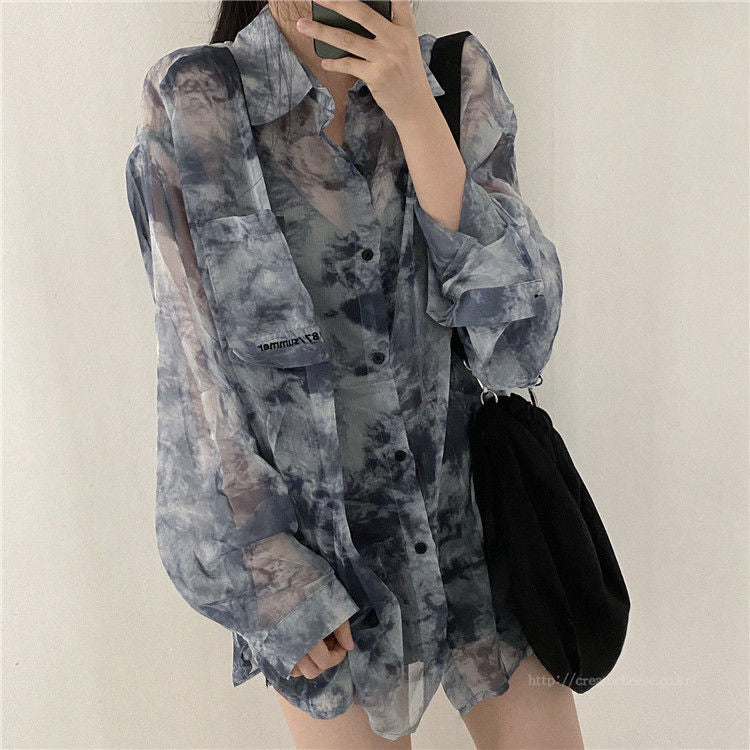 Loose Tie Dye Pattern Semi Transparent Shirts