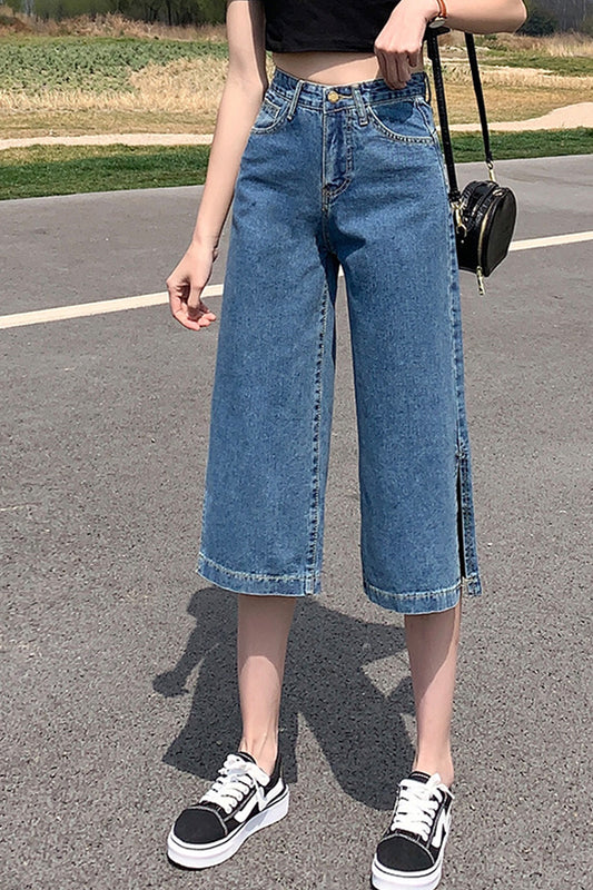 High Waist Knee Length Slit Denim Shorts Jeans