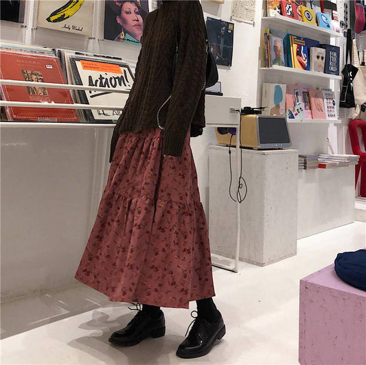 High Waist Floral Pattern Corduroy Long Skirts