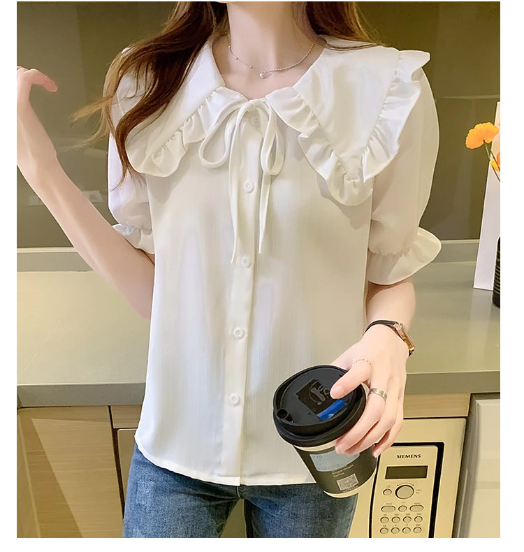 Loose Short Sleeve Doll Collar Blouse Shirt