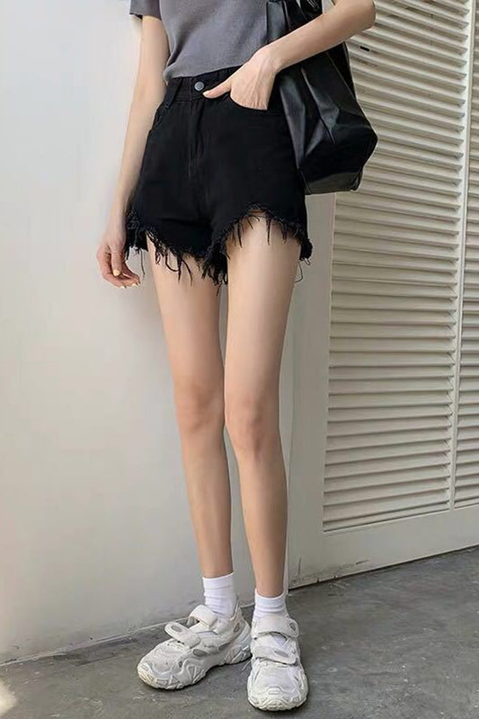 High Waist Black Tassel Denim Shorts