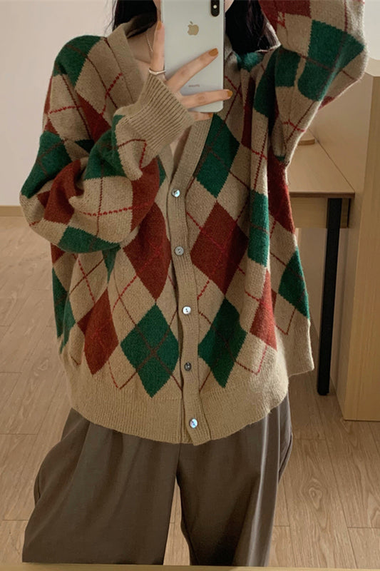 V-Neck Elegant Argyle Pattern Cardigan Sweater