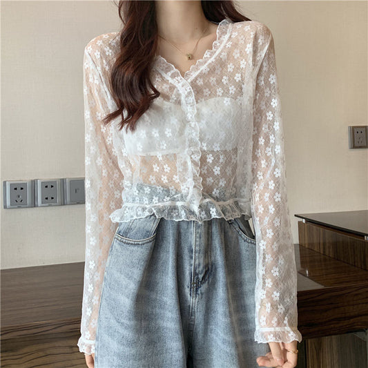 Long Sleeve Lace Transparent Blouse Shirts