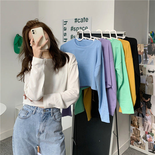 Long Sleeve Candy Colors Crop Slim Shirts